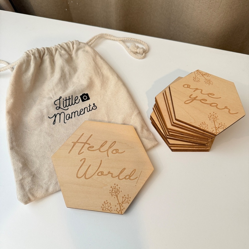 Little Moments Wooden Baby Milestone‎ Discs Hexagon Floral Engraved Set with Bag